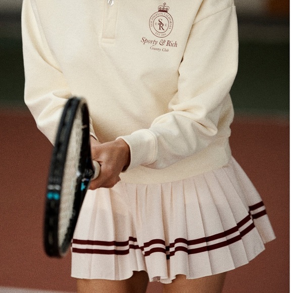 Sporty & Rich Dresses & Skirts - Sporty and Rich Classic Logo Pleated Skirt- Milk/Washed Hydrangea tennis skirt